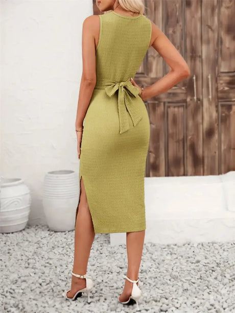 Back Tie Sleeveless Slit Midi Dress | Hanalas