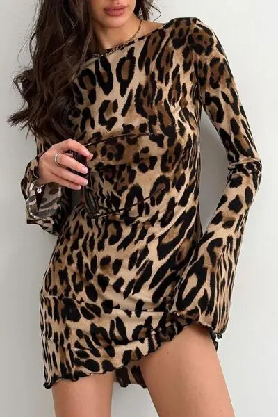 Backless Leopard Long Sleeve Mini Dress | Hanalas