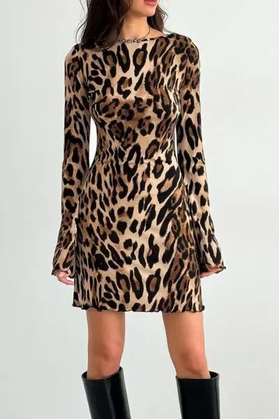 Backless Leopard Long Sleeve Mini Dress | Hanalas