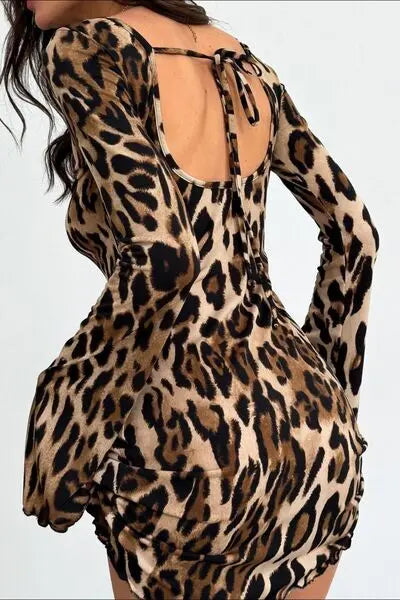 Backless Leopard Long Sleeve Mini Dress | Hanalas