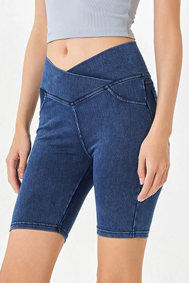 Basic Bae Asymmetrical Waist Denim Shorts with Pockets | Hanalas