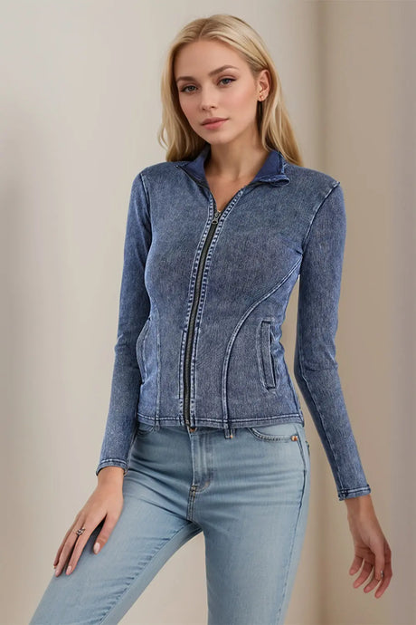 Basic Bae Pocketed Turtleneck Zip Up Denim Top | Hanalas