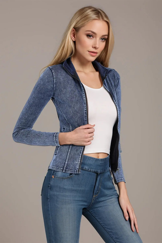 Basic Bae Pocketed Turtleneck Zip Up Denim Top | Hanalas