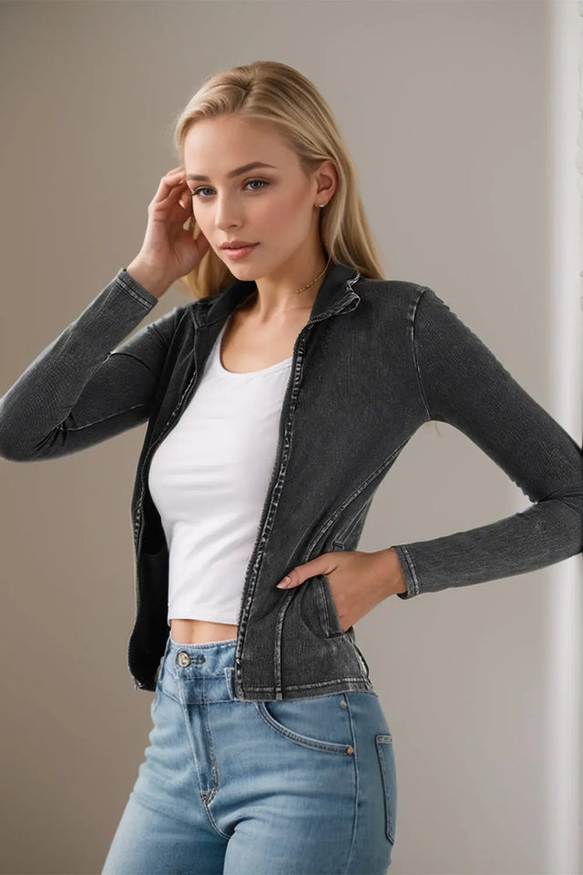 Basic Bae Pocketed Turtleneck Zip Up Denim Top | Hanalas