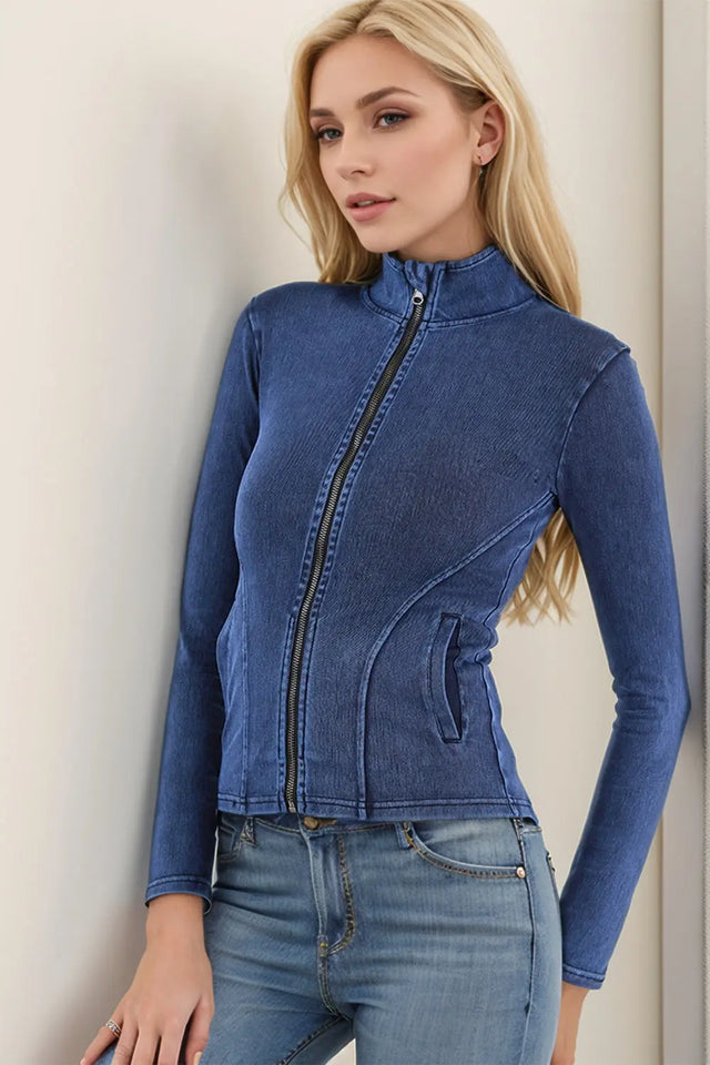 Basic Bae Pocketed Turtleneck Zip Up Denim Top | Hanalas