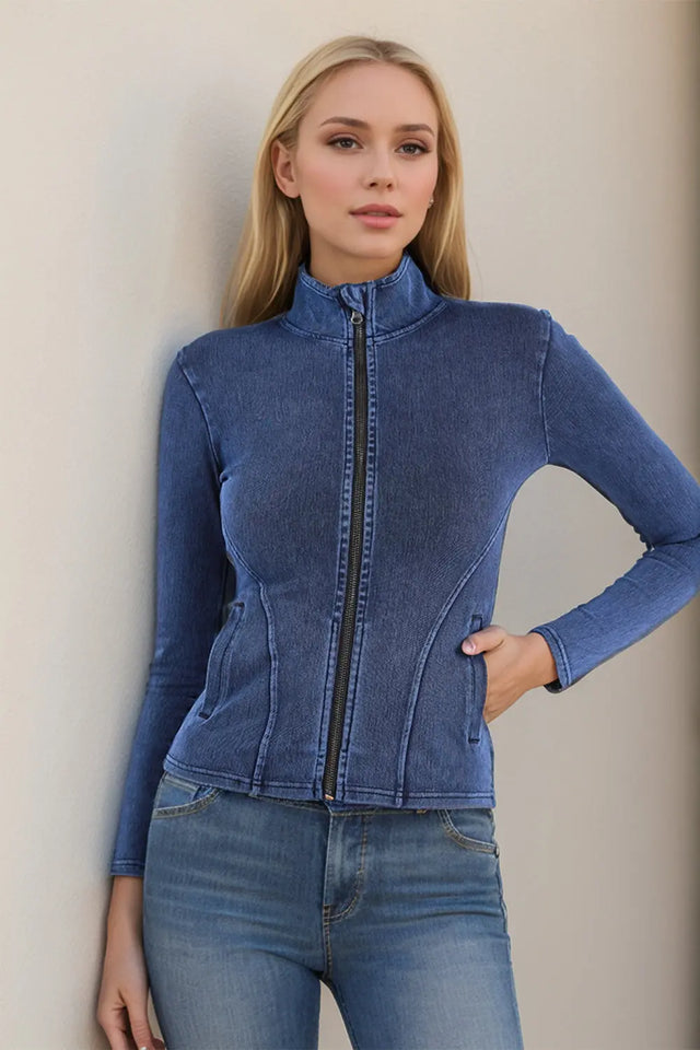 Basic Bae Pocketed Turtleneck Zip Up Denim Top | Hanalas