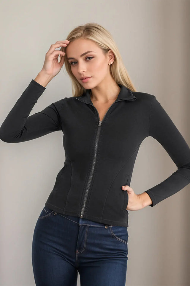 Basic Bae Pocketed Turtleneck Zip Up Denim Top | Hanalas