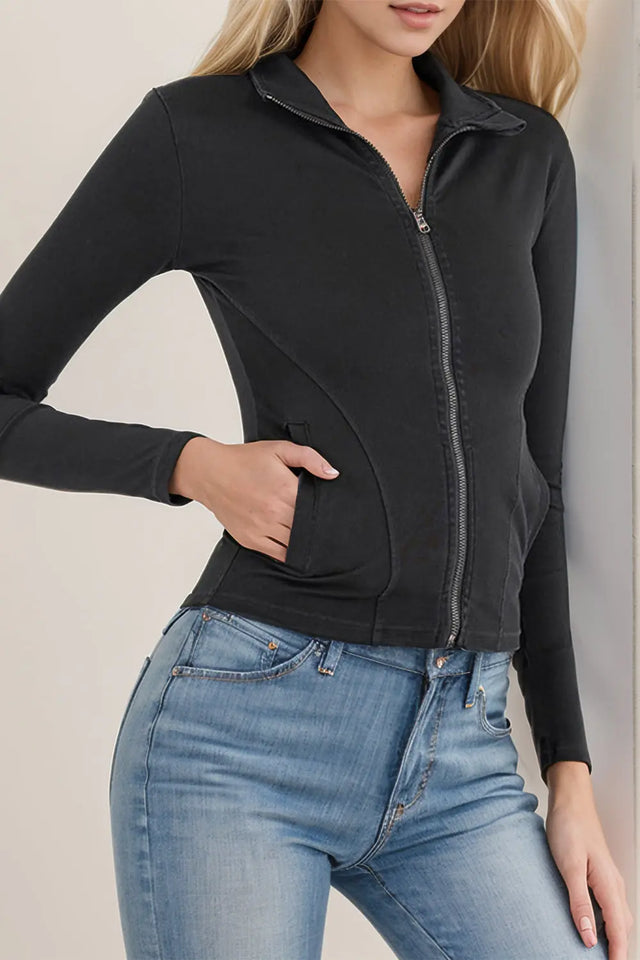 Basic Bae Pocketed Turtleneck Zip Up Denim Top | Hanalas