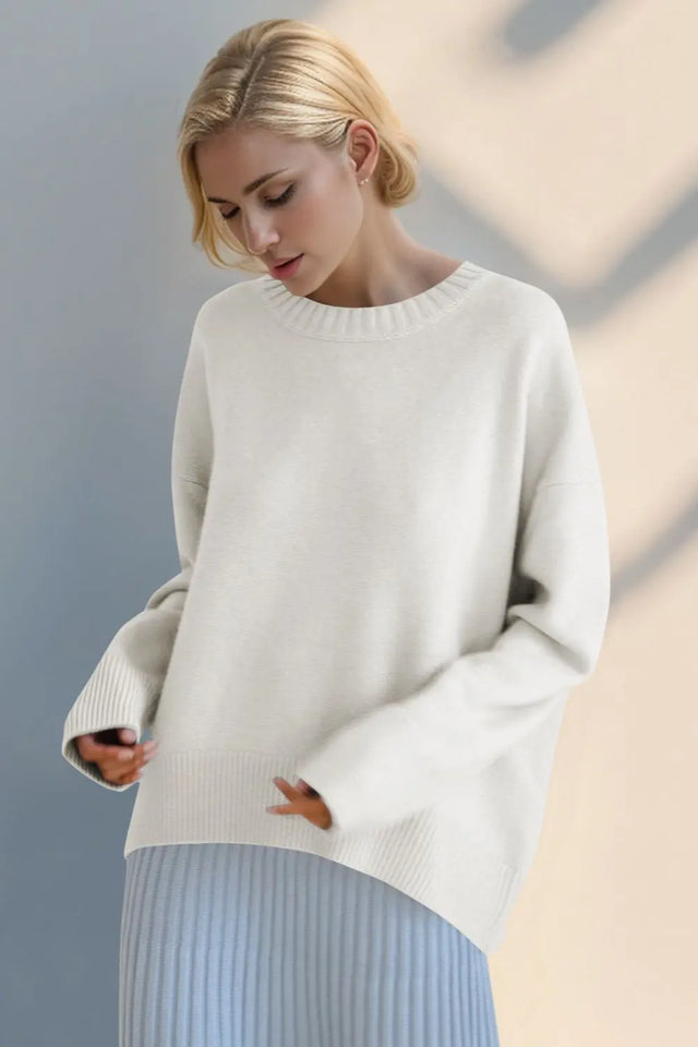 Basic Bae Round Neck Dropped Shoulder Sweater Trendsi Hanalas