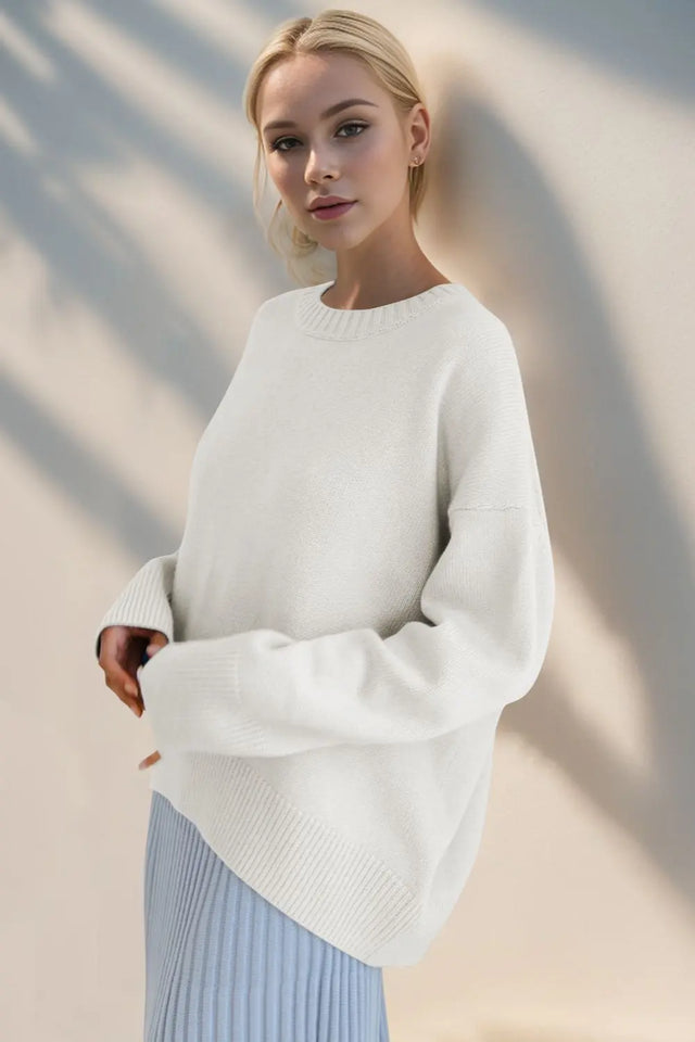 Basic Bae Round Neck Dropped Shoulder Sweater Trendsi Hanalas