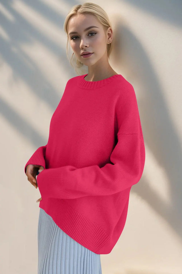 Basic Bae Round Neck Dropped Shoulder Sweater Trendsi Hanalas