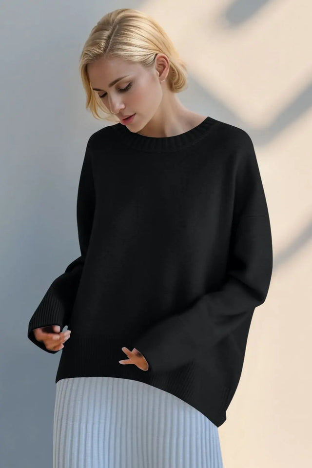 Basic Bae Round Neck Dropped Shoulder Sweater Trendsi Hanalas