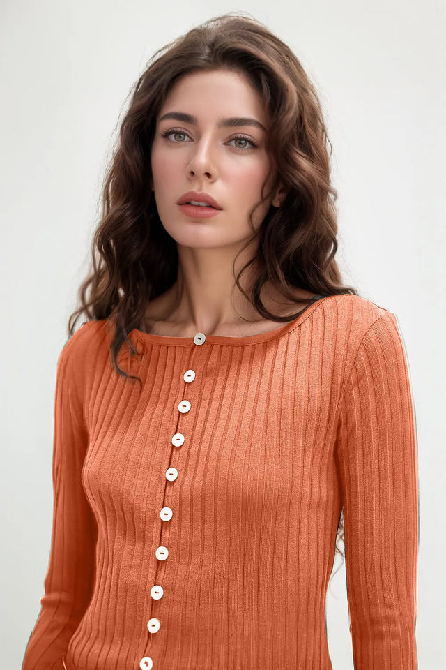 Basic Bae Texture Button Up Round Neck Long Sleeve Top | Hanalas