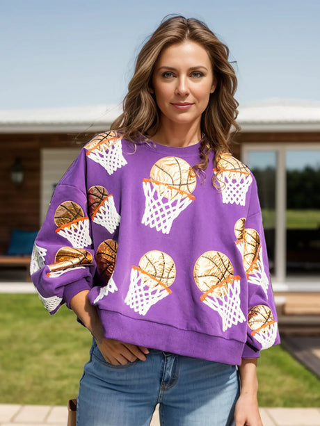 Basketball Round Neck Long Sleeve Sweatshirt Trendsi Hanalas