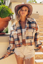 BiBi Brushed Plaid Crop Jacket with Pockets Trendsi Hanalas