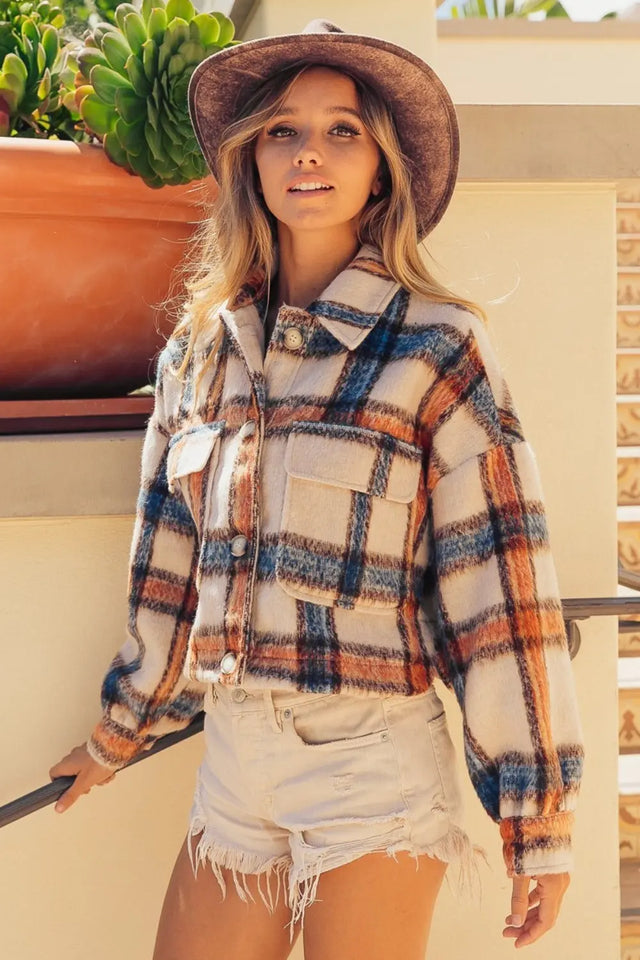 BiBi Brushed Plaid Crop Jacket with Pockets Trendsi Hanalas