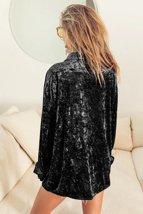 BiBi Button Up Long Sleeve Velvet Shirt Trendsi Hanalas