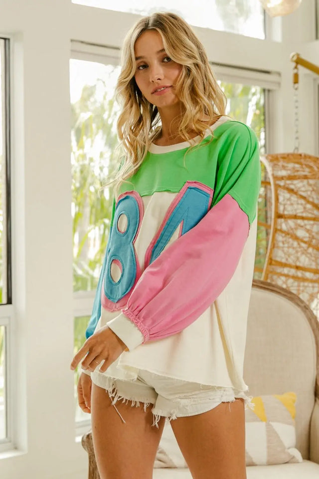 BiBi Color Block Patched Long Sleeve Top Trendsi Hanalas