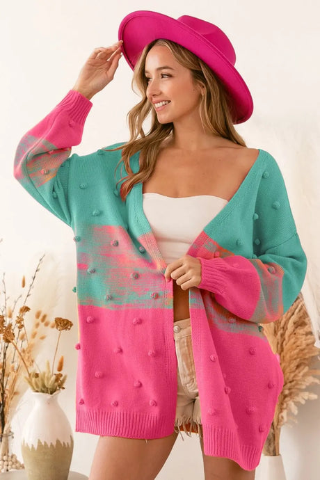 BiBi Color Block Ponpon Sweater Cardigan Trendsi Hanalas