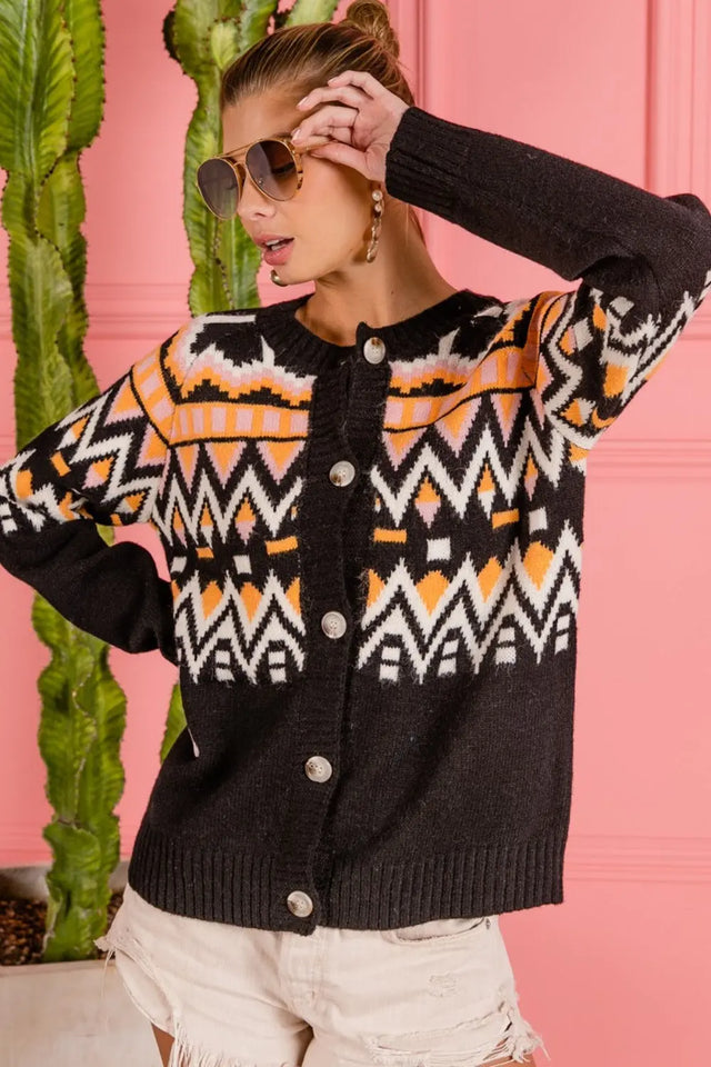 BiBi Ethnic Pattern Button Up Knit Cardigan Trendsi Hanalas