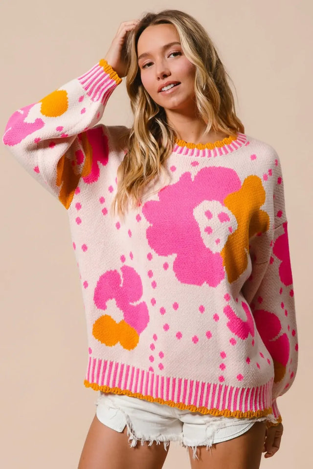 BiBi Flower Pattern Contrast Sweater Trendsi Hanalas