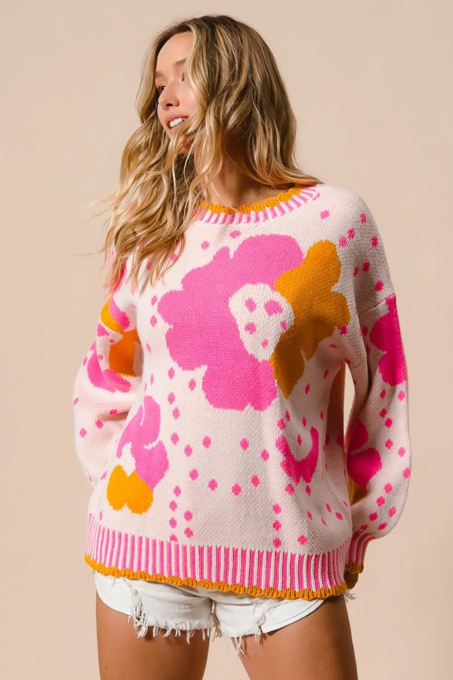 BiBi Flower Pattern Contrast Sweater Trendsi Hanalas