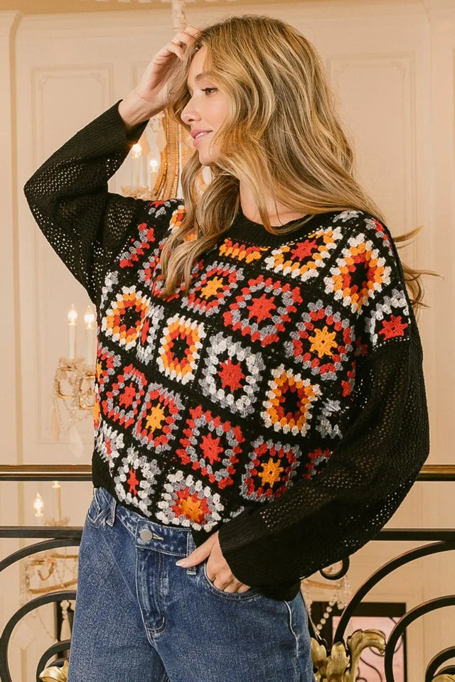 BiBi Granny Square Front Long Sleeve Top Trendsi Hanalas