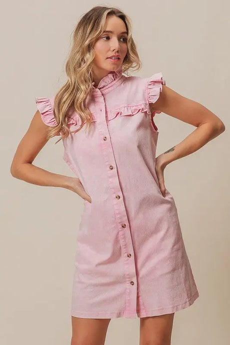 BiBi Washed Button Down Ruffled Cap Sleeve Denim Dress | Hanalas