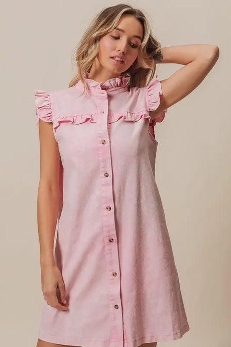 BiBi Washed Button Down Ruffled Cap Sleeve Denim Dress | Hanalas