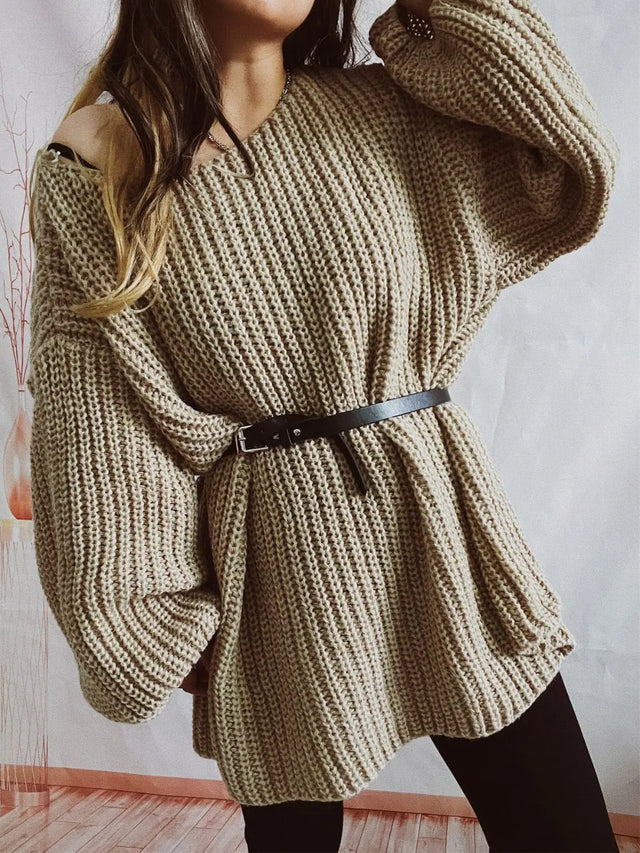 Boat Neck Long Sleeve Sweater with Belt Trendsi Hanalas