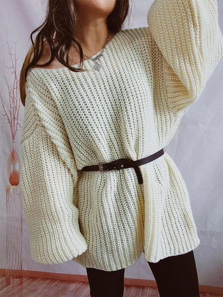 Boat Neck Long Sleeve Sweater with Belt Trendsi Hanalas