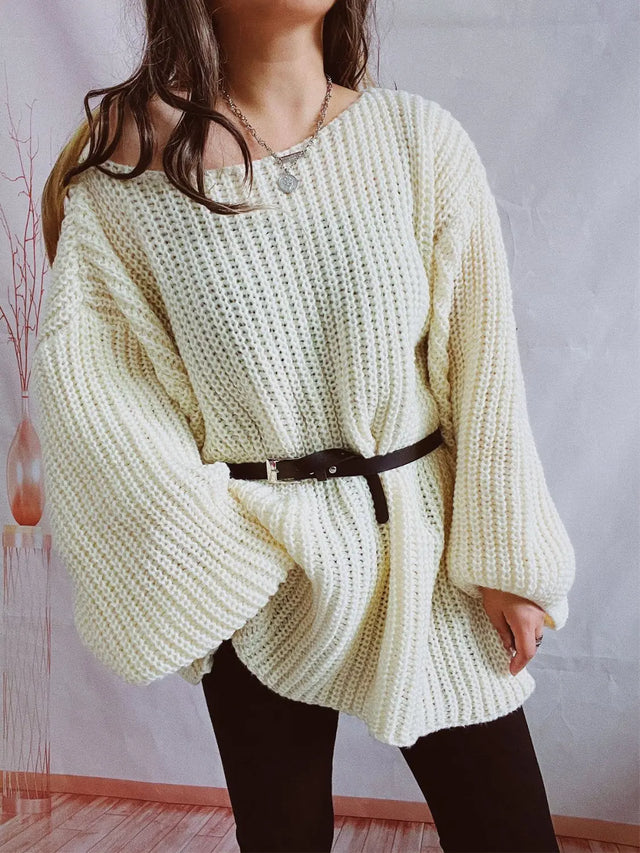 Boat Neck Long Sleeve Sweater with Belt Trendsi Hanalas