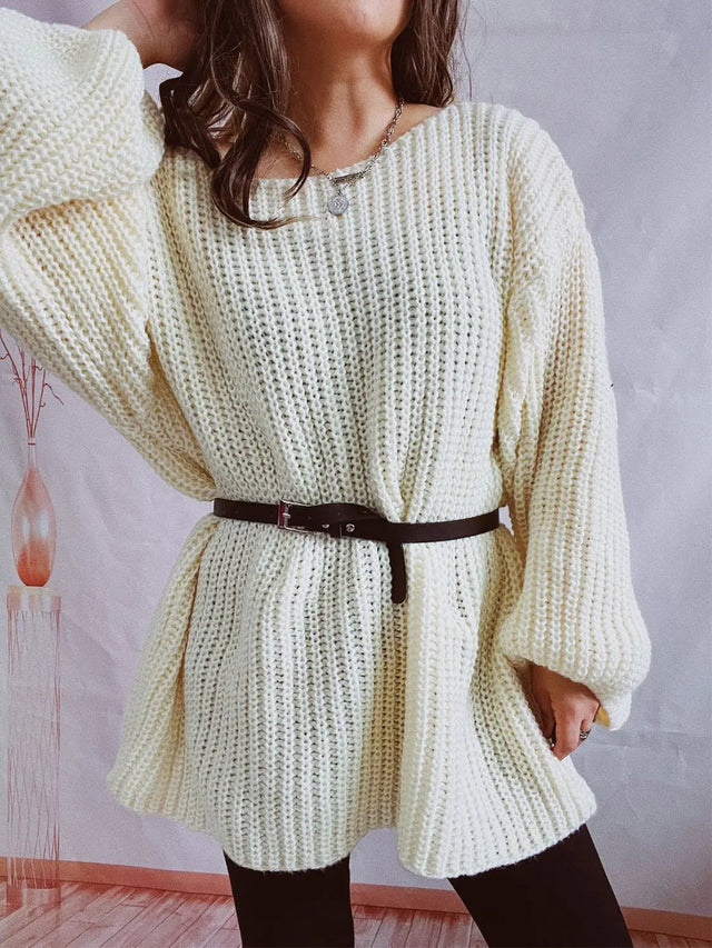 Boat Neck Long Sleeve Sweater with Belt Trendsi Hanalas