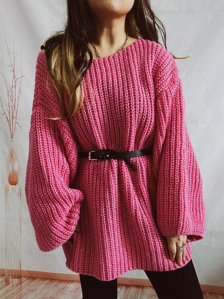 Boat Neck Long Sleeve Sweater with Belt Trendsi Hanalas