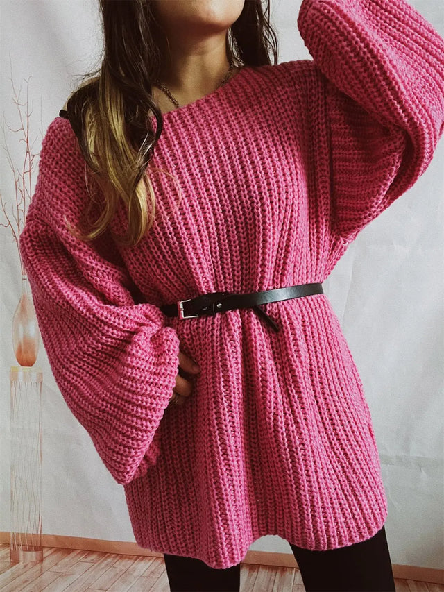 Boat Neck Long Sleeve Sweater with Belt Trendsi Hanalas