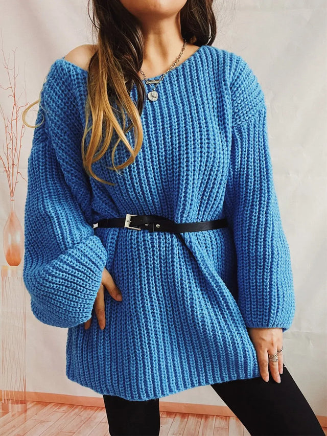 Boat Neck Long Sleeve Sweater with Belt Trendsi Hanalas