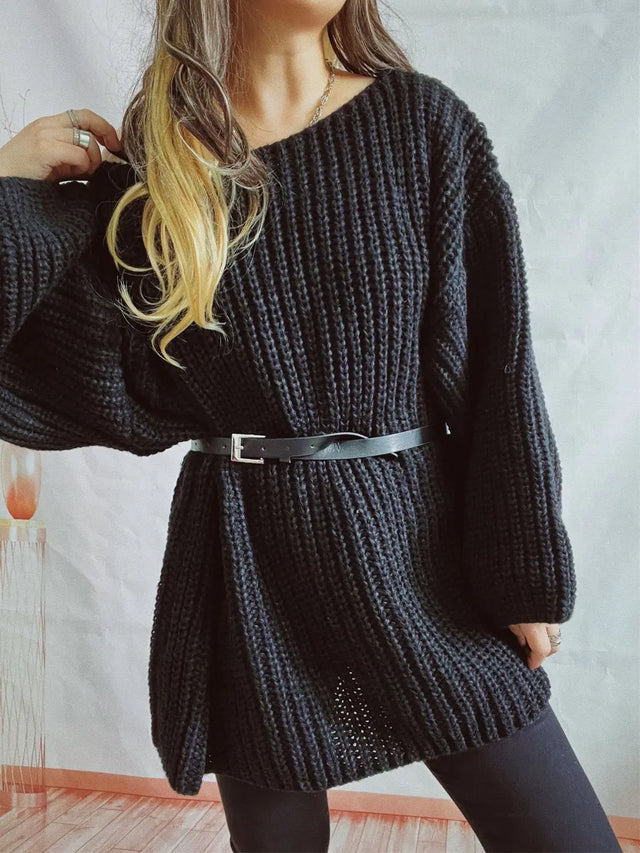 Boat Neck Long Sleeve Sweater with Belt Trendsi Hanalas