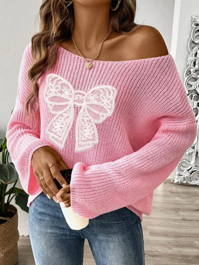 Bow Boat Neck Long Sleeve Sweater Trendsi Hanalas