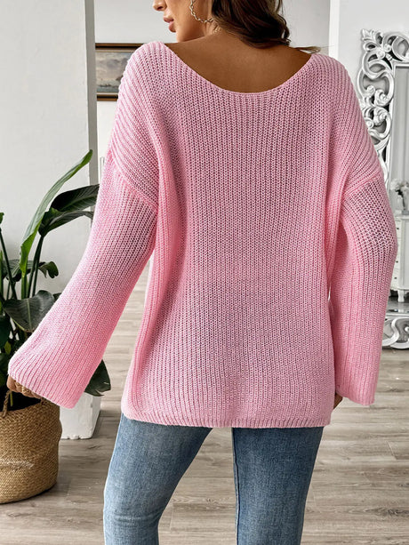 Bow Boat Neck Long Sleeve Sweater Trendsi Hanalas