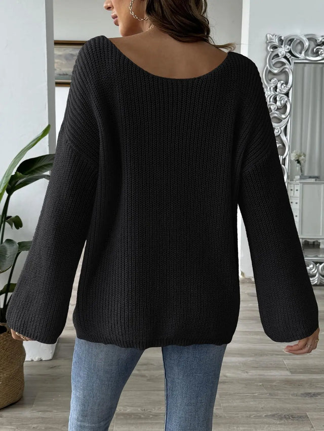 Bow Boat Neck Long Sleeve Sweater Trendsi Hanalas