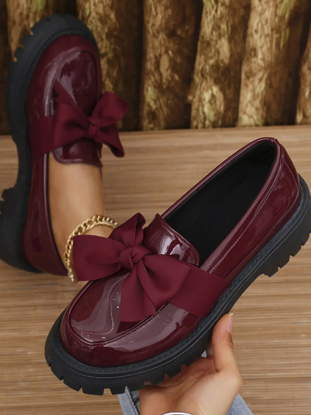 Bow PU Leather Round Toe Loafers | Hanalas