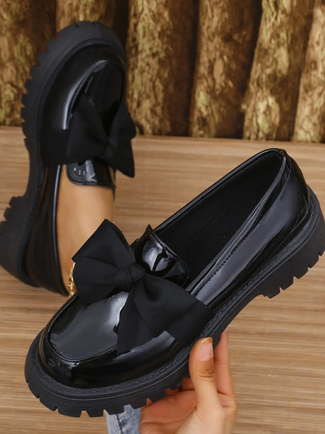 Bow PU Leather Round Toe Loafers | Hanalas