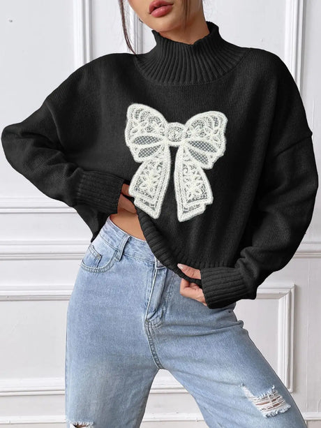 Bow Turtleneck Long Sleeve Sweater Trendsi Hanalas