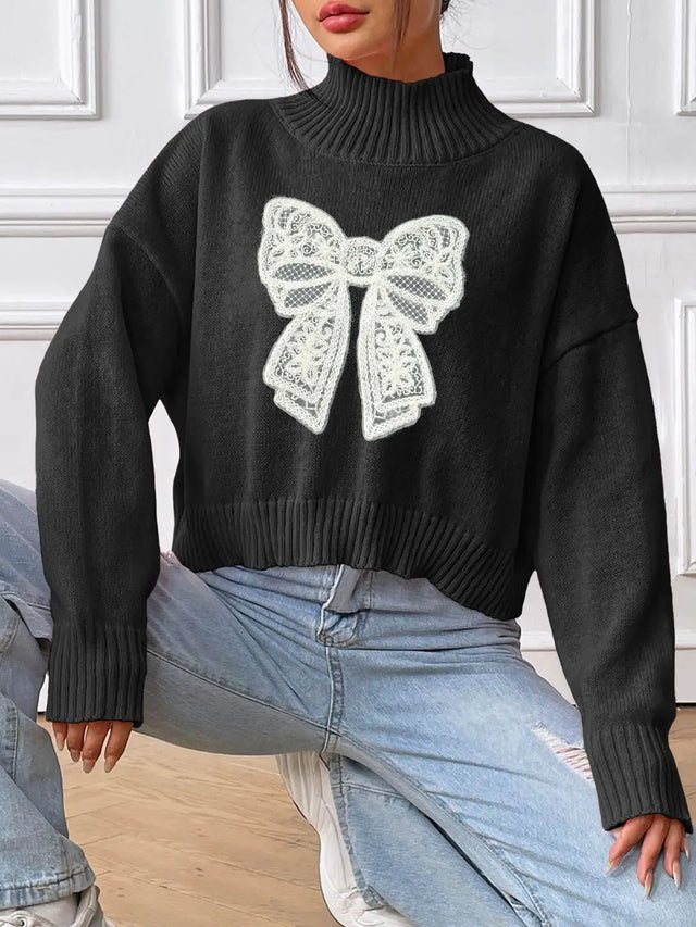 Bow Turtleneck Long Sleeve Sweater Trendsi Hanalas