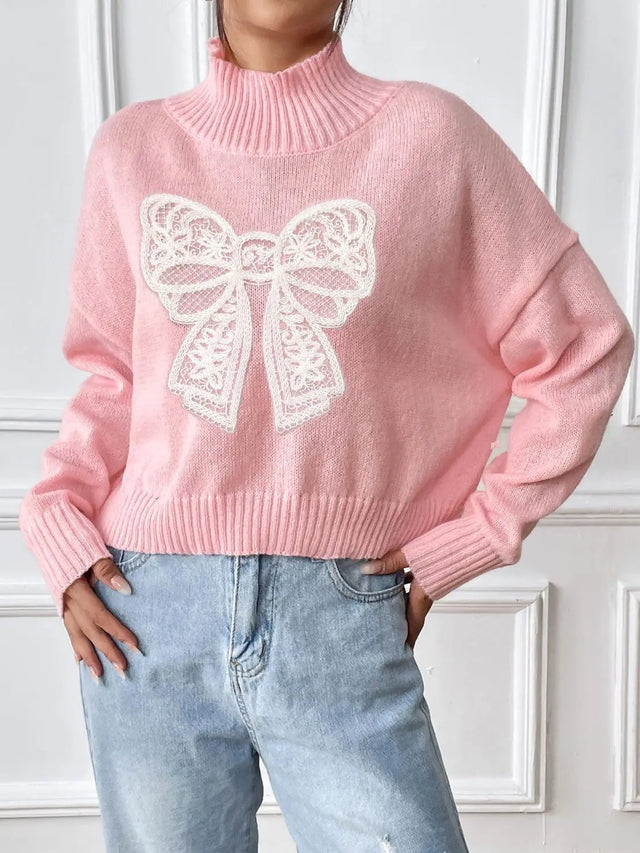 Bow Turtleneck Long Sleeve Sweater Trendsi Hanalas