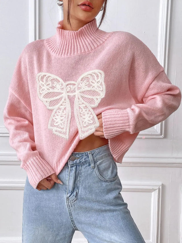 Bow Turtleneck Long Sleeve Sweater Trendsi Hanalas