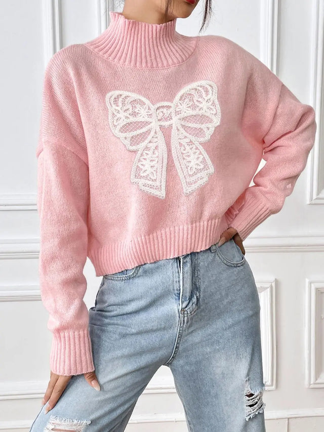 Bow Turtleneck Long Sleeve Sweater Trendsi Hanalas