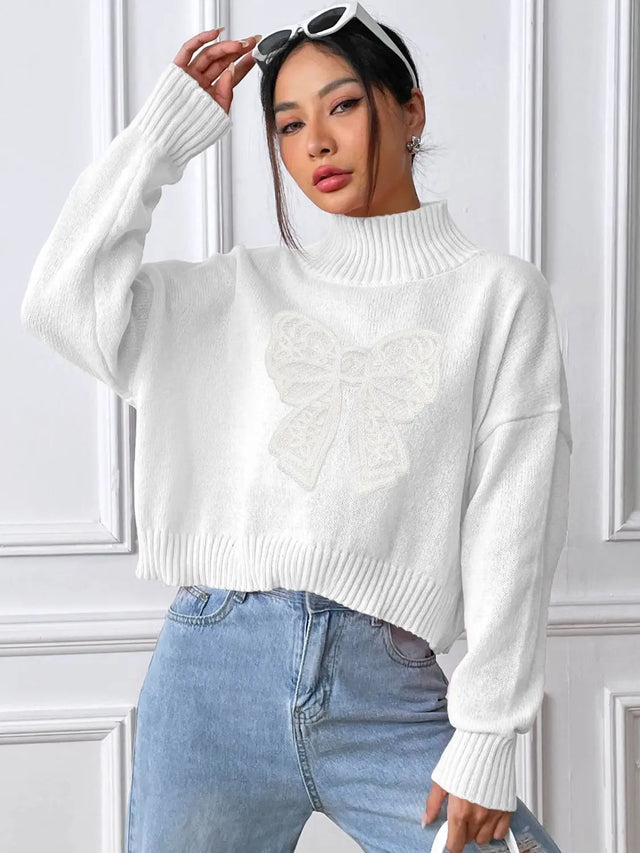 Bow Turtleneck Long Sleeve Sweater Trendsi Hanalas