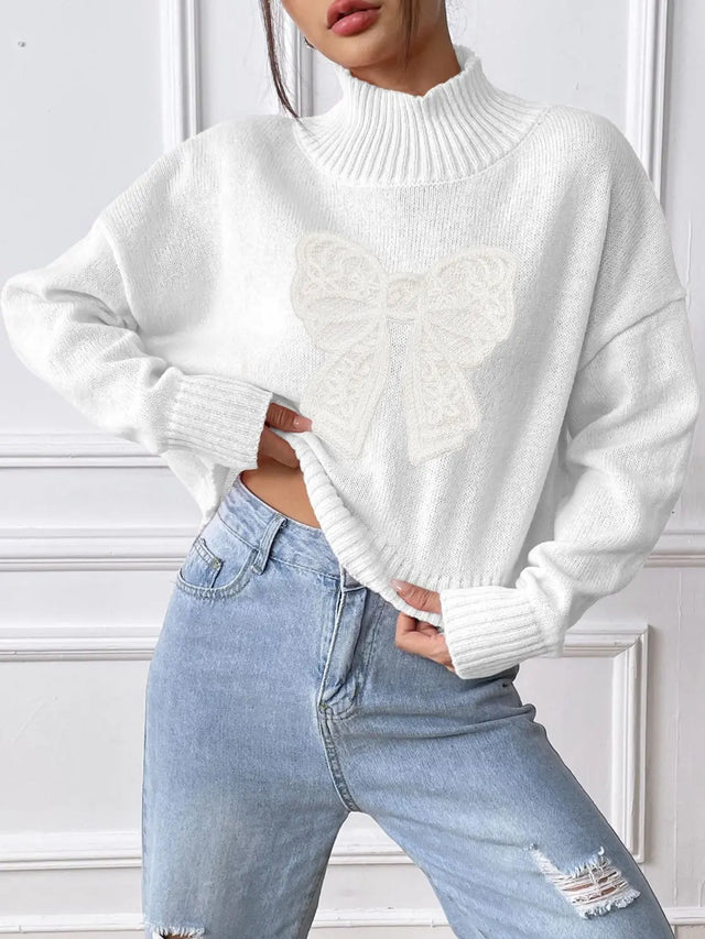 Bow Turtleneck Long Sleeve Sweater Trendsi Hanalas