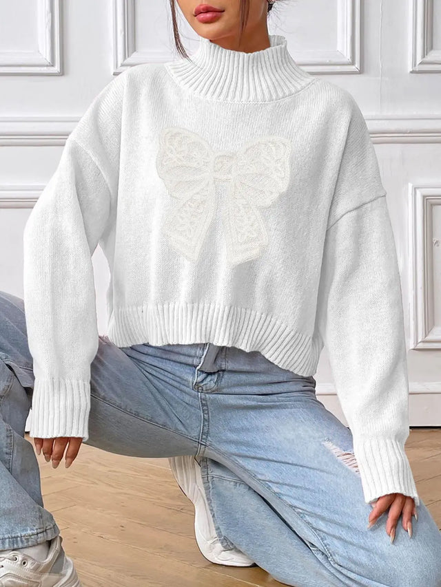 Bow Turtleneck Long Sleeve Sweater Trendsi Hanalas